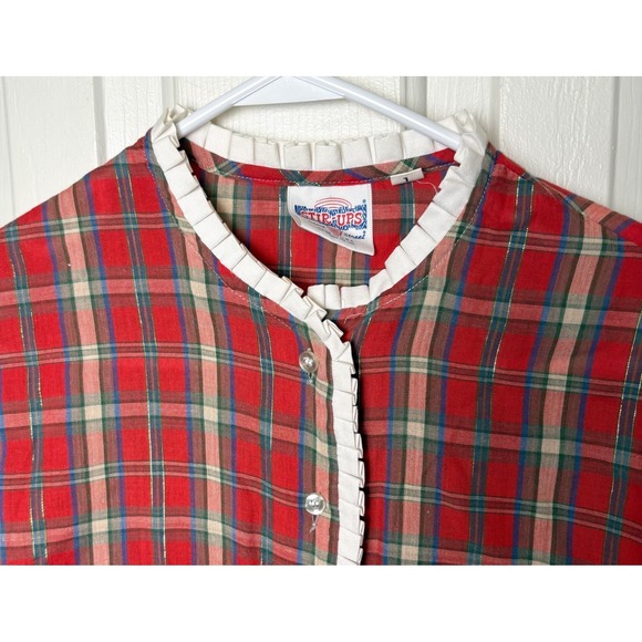 VTG Stir-ups Western Cowgirl Button Shirt Made In USA Red Plaid Ruffle Gold L - Picture 2 of 6